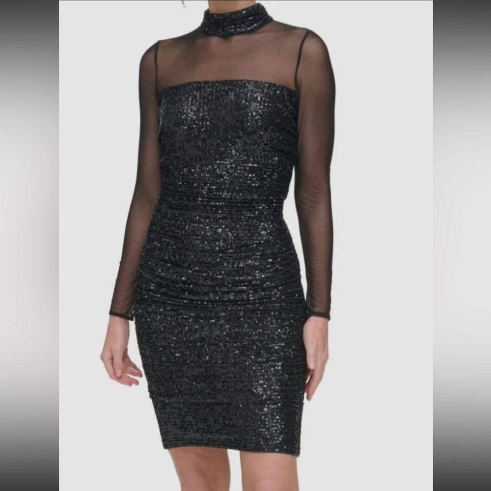 Eliza J Black Illusion-Sleeve Sequin Bodycon Dress New With Tags Size 8